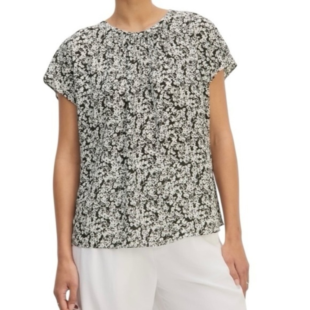 Everlane Gathered Neck Top Black Bone Mini Floral Short Sleeve Blouse Large NWT